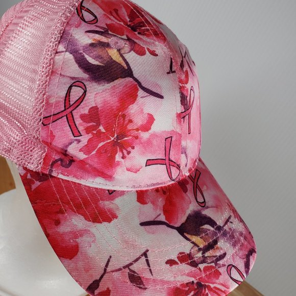Support The Cure Hat Pink Purple Flower Ribbon Graphic Adj. Trucker Cap Wms OSFM - Picture 5 of 7